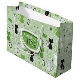 Sacola Para Presentes Grande Aniversário de Gatos do Coração Verde do meio sécu