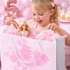 Sacola Para Presentes Grande Aniversário de Menina Floral Rosa Minimalista 