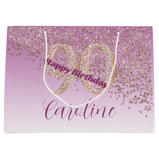 Sacola Para Presentes Grande Aniversário do 90 Dourado Rosa de queda bonito (Frente)
