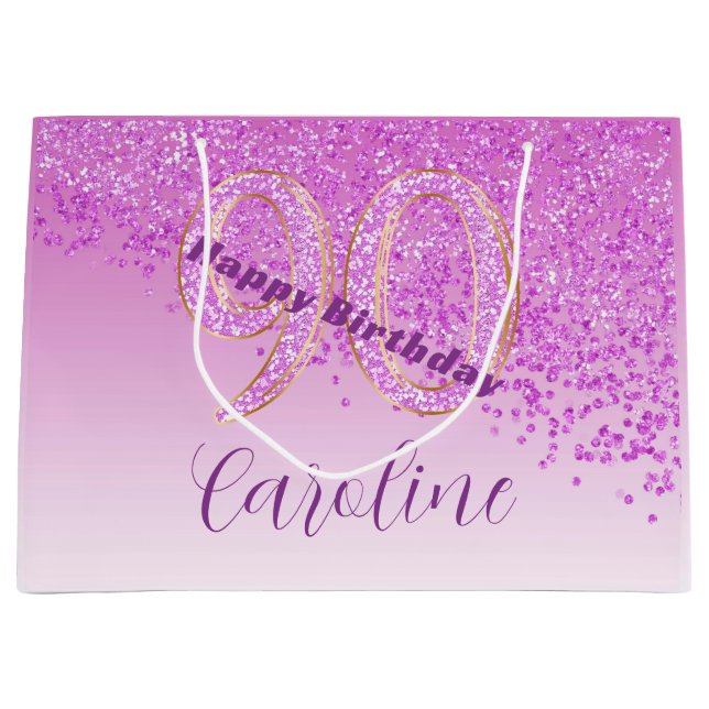 Sacola Para Presentes Grande Aniversário do 90 Rosa bonito (Frente)