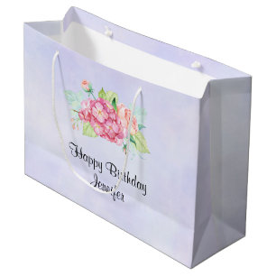 Sacola Para Presentes Grande Aniversário do Buquê de Flor de Aquarela Rosa Eleg