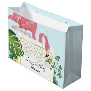 Sacola Para Presentes Grande Aniversário do Flamingo e das Folhas Tropicais de