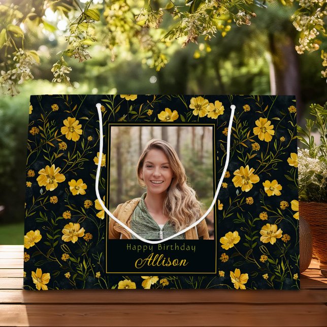 Sacola Para Presentes Grande Aniversário do Flor Amarelo do Copo Amarelo Elegan (Criador carregado)