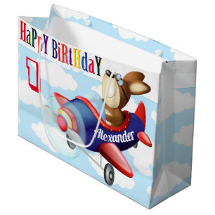Sacola Para Presentes Grande Aniversário do Garoto de Avião Voador de Cão