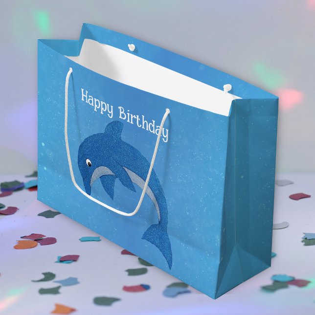 Sacola Para Presentes Grande Aniversário do Golfinho Branco Azul Brilhante (Sparkle dark blue and white jumping cute dolphin on blue Happy Birthday gift bag.)