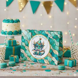 Sacola Para Presentes Grande Aniversário do Menino Personalizado do Dragão Teal