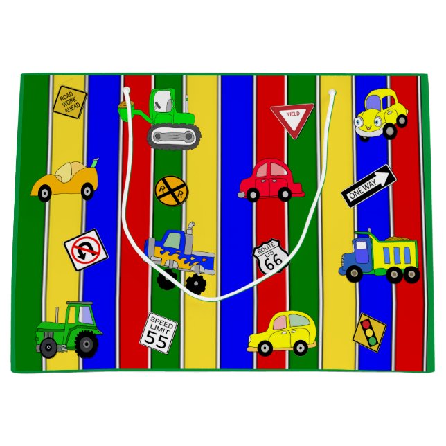 Sacola Para Presentes Grande Aniversário dos Carros, Caminhões e Tratores (Frente)