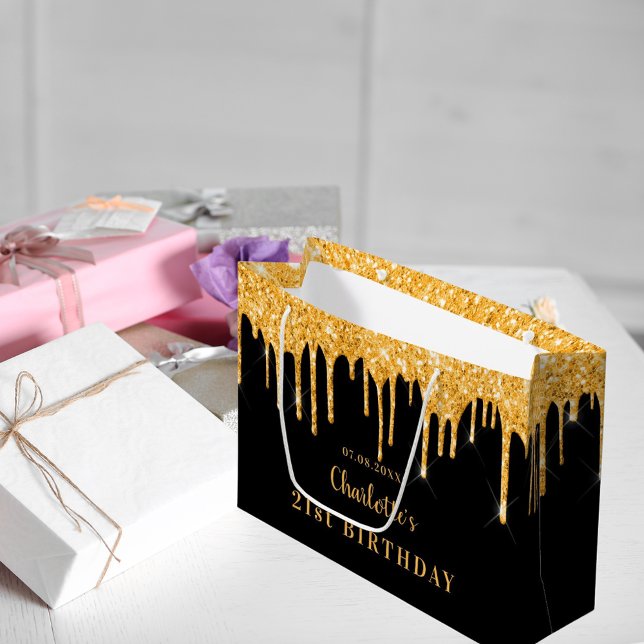 Sacola Para Presentes Grande Aniversário dourado preto brilha nome elegante (Criador carregado)