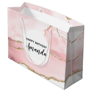 Sacola Para Presentes Grande Aniversário Elegante de Fita Rosa com Fita Dourada
