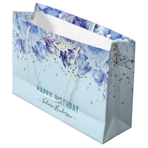 Sacola Para Presentes Grande Aniversário Feliz Azul Claro Azul Floral