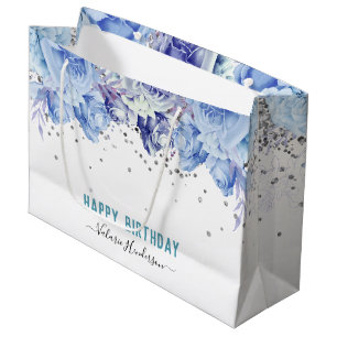 Sacola Para Presentes Grande Aniversário Feliz Azul Claro Azul Floral