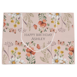 Sacola Para Presentes Grande Aniversário Flor de Pêssego Rosado Floral Silvestr