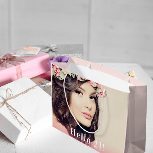 Sacola Para Presentes Grande Aniversário, foto personalizada saudação 21 rosa d