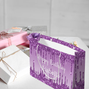 Sacola Para Presentes Grande Aniversário, glitter roxo pega nome