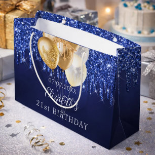 Sacola Para Presentes Grande Aniversário marinho azul-dourado-brilha balões