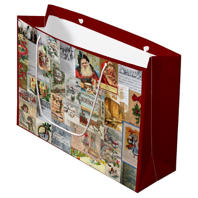 Sacola Para Presentes Grande Antiguidade Vitorina de Natal Ephemera Collage Art (Frente inclinada)