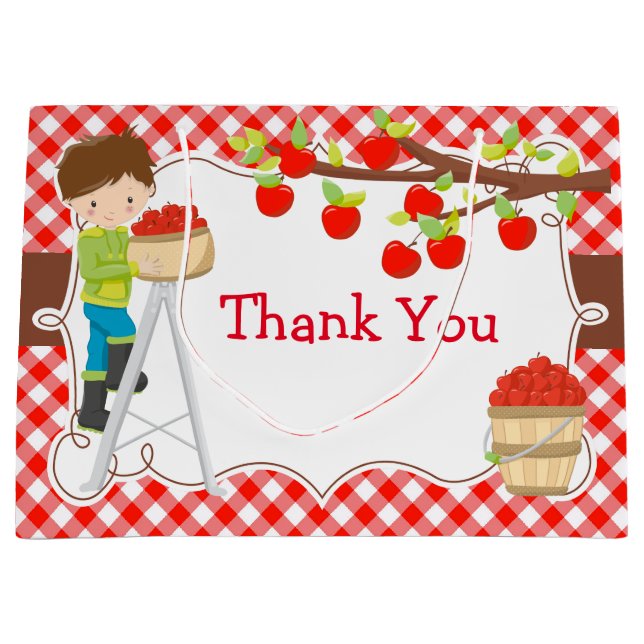 Sacola Para Presentes Grande Apple Picting Brunette Boy Festa de aniversário (Frente)