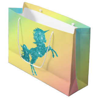Sacola Para Presentes Grande Aqua Glitter Unicorn