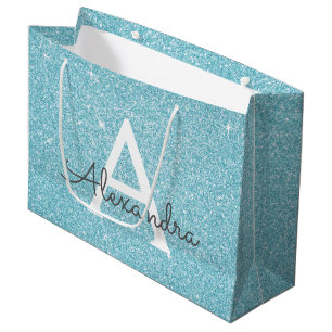 Sacola Para Presentes Grande Aqua Teal Blue Glitter & Sparkle Monograma