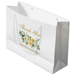 Sacola Para Presentes Grande Aquarela Amarelo Floral Dourado Elegante Obrigado