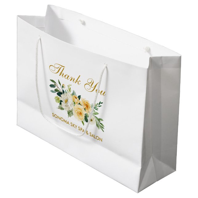 Sacola Para Presentes Grande Aquarela Amarelo Floral Dourado Elegante Obrigado (Frente inclinada)