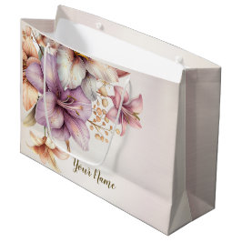 Sacola Para Presentes Grande Aquarela de Festa Boho Flores Rosa Elegante Chique