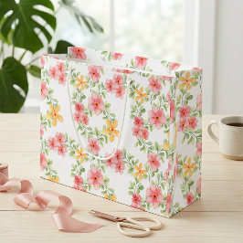 Sacola Para Presentes Grande Aquarela de Flor Silvestre Laranja Rosa Verde
