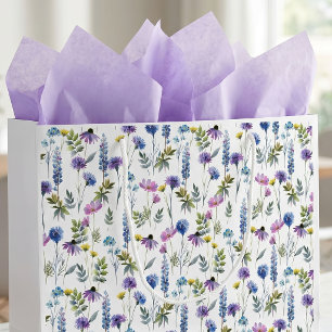 Sacola Para Presentes Grande Aquarela de Flor Silvestre Roxa Azul