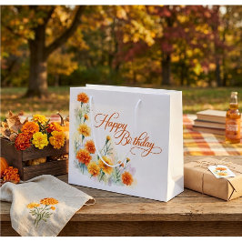 Sacola Para Presentes Grande Aquarela Laranja Amarelo Calêndula Feliz Aniversár