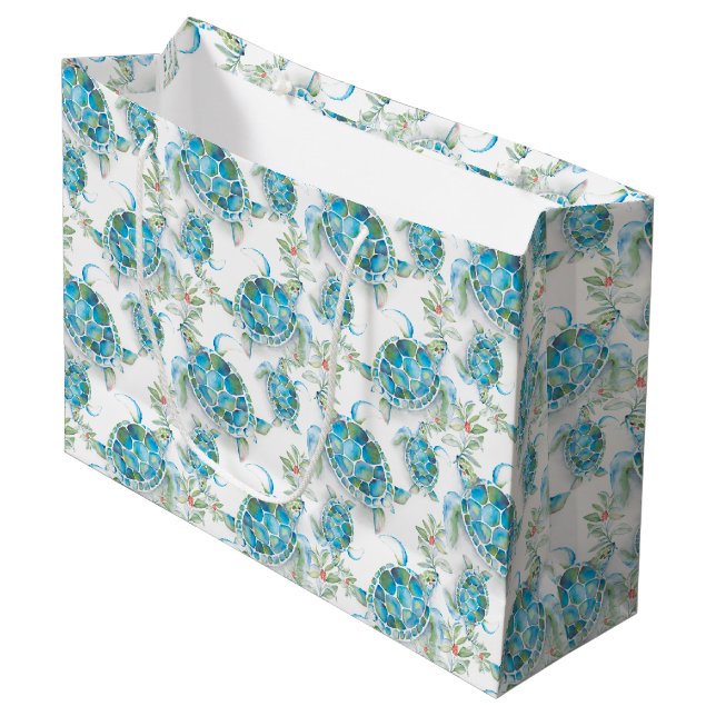 Sacola Para Presentes Grande Aquarela Mar Tartaruga Praia Natal (Frente inclinada)