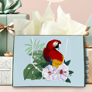 Sacola Para Presentes Grande Arara Vermelha Papagaio Tropical Hibisco Branco Fl