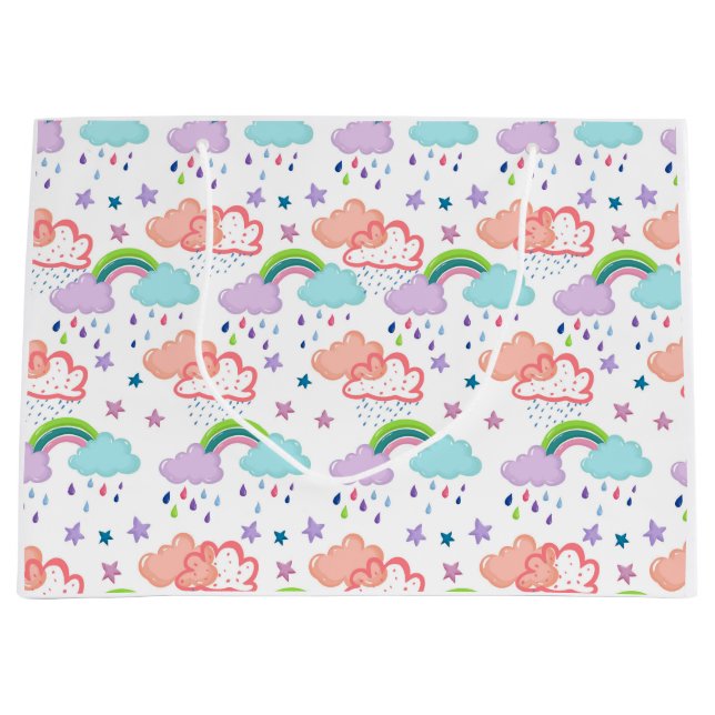 Sacola Para Presentes Grande Arco-íris, nuvens e saco-presente de estrelas (Frente)