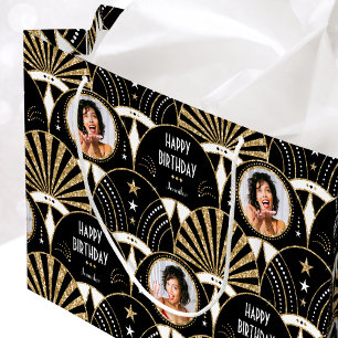 Sacola Para Presentes Grande Art Deco Fan Birthday Faux Glitter Photo Black