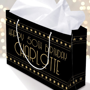 Sacola Para Presentes Grande Art Deco Star Nome da Idade Personalizada Preto Do