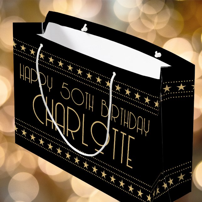 Sacola Para Presentes Grande Art Deco Star Nome da Idade Personalizada Preto Do (Criador carregado)