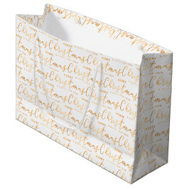 Sacola Para Presentes Grande Arte com Palavras Natal Feliz em Branco e Dourado
