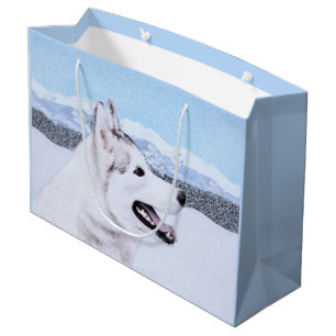 Sacola Para Presentes Grande Arte de Cão Siberiana (Prata e Branca)