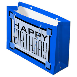 Sacola Para Presentes Grande Arte Deco de Aniversário Feliz Geométrico Azul
