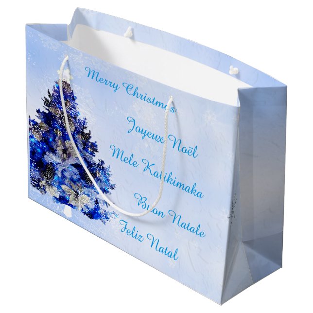 Sacola Para Presentes Grande Árvore de natal azul decorada personalizável (Verso inclinado)
