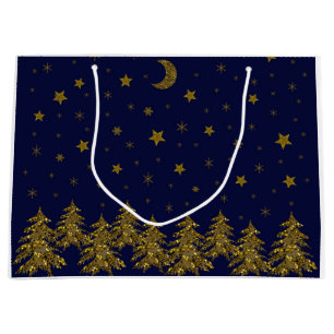 Sacola Para Presentes Grande Árvore de Natal de ouro faísca, lua, estrelas em a