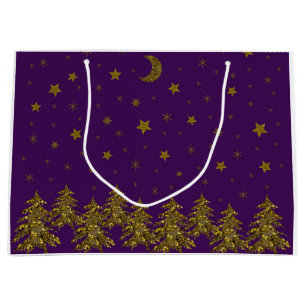 Sacola Para Presentes Grande Árvore de Natal de ouro faísca, lua, estrelas em r