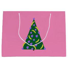 Sacola Para Presentes Grande Árvore de Natal pop com Maçãs e Bananas Rosa