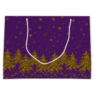 Sacola Para Presentes Grande Árvore de Natal pouco Dourada, estrelas, neve em