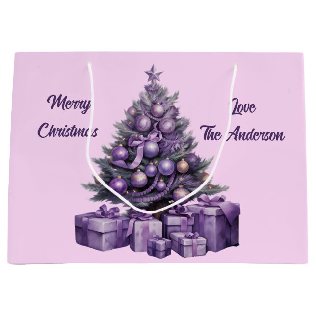 Sacola Para Presentes Grande Árvore de Natal roxa (Frente)