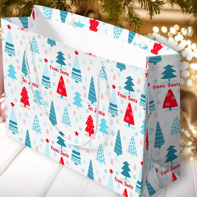 Sacola Para Presentes Grande Árvore natalícia - Nórdico - Simples - Vermelho -  (Christmas Tree Nordic Simple Blue Red Custom Name Large Gift Bag)