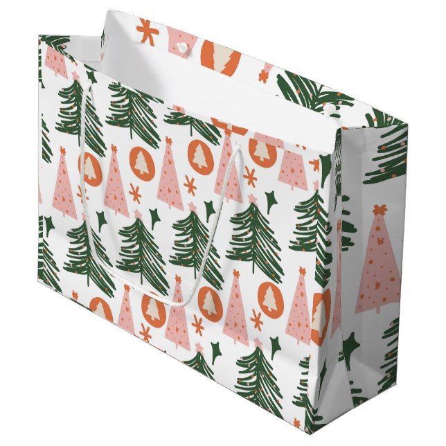 Sacola Para Presentes Grande Árvores de Natal Boho Verde Rosa Laranja (Frente inclinada)