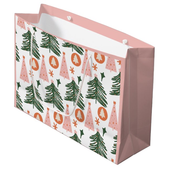 Sacola Para Presentes Grande Árvores de Natal Boho Verde Rosa Laranja Presente  (Frente inclinada)