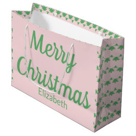 Sacola Para Presentes Grande Árvores de Natal Feliz, Cor-de-Rosa e Texto Verde