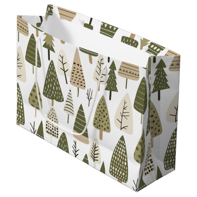 Sacola Para Presentes Grande Árvores de Natal marrons e verdes  (Frente inclinada)