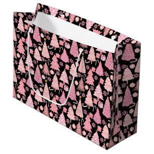 Sacola Para Presentes Grande Árvores de Natal Rosa Padrão Preto BG